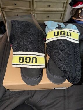 UGG Black Knit Boot Slippers with Yellow Logo Cuff